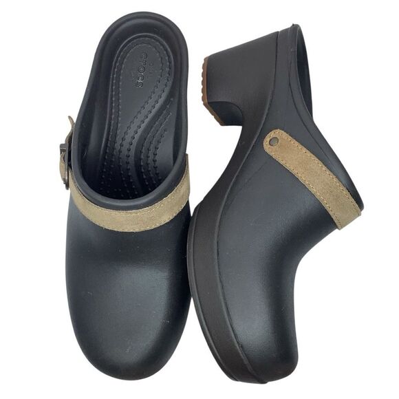 Crocs Sarah Slip On Clog Mules Brown Wedge with Leather Strap Women's 6 - Picture 1 of 10